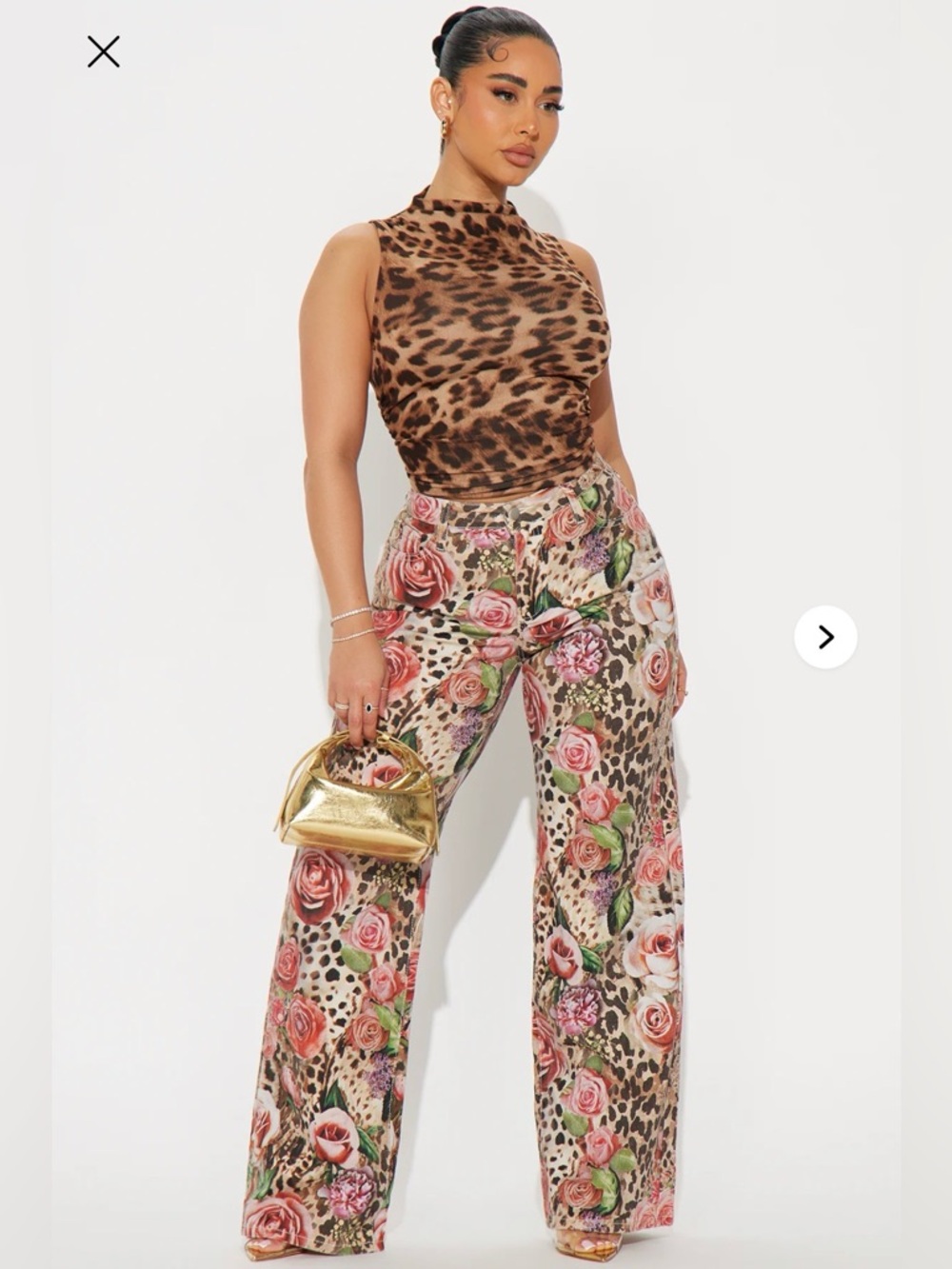 Fashion Nova Floral Rose & Leopard Print Wide Leg Pants - Pink, Green, Brown - Picture 5 of 7